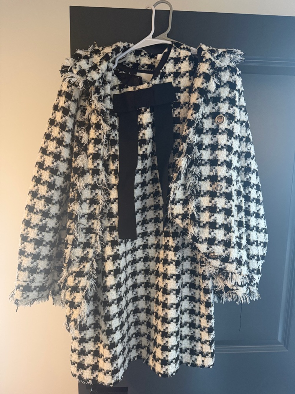 Black & White Houndstooth Bouclé Blazer with dress. Small dress medium jacket